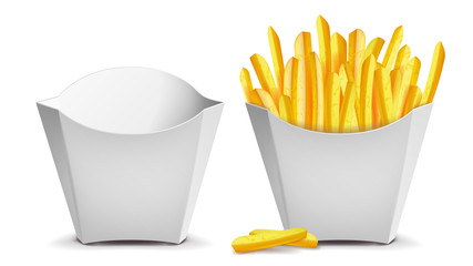 Sticker - French Fries Vector. White Empty Blank Paper Bag. Fast Food Icons Potato. Empty And Full. Isolated Illustration