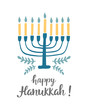 Happy Hanukkah greeting card with hand written modern brush lettering and menorah