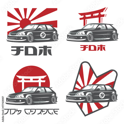 Plakat Stary japoński samochód logo, herby i odznaki na białym tle. Teksty „JDM” i „JDM Garage” na obrazie.