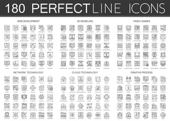 Poster - 180 outline mini concept infographic symbol icons of web development, 3d modeling, video games, network technology, cloud technology, creative process.