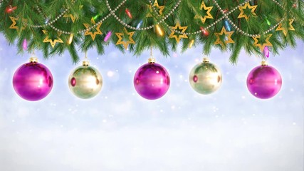 Wall Mural - Christmas Decorations Hanging and Rotating From Twigs- 3D render. Seamless loop