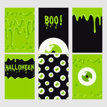 Halloween Set. Green  Monster, Eyes Seamless Pattern And Slime. Halloween Poster, Banner, Card, Background.