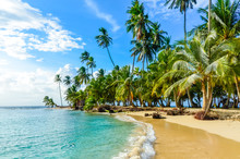 Beautiful Lonely Beach In Caribbean San Blas Island, Kuna Yala, Panama. Turquoise Tropical Sea, Paradise Travel Destination, Central America