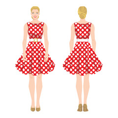 Wall Mural - Vector illustration of woman in elegant red dress in new look style and shoes on high heel on white background. Various turns woman's figure. Front view and back view. Dress with polka dot pattern