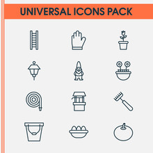 Gardening Icons Set. Collection Of Dwarf, Floret, Protection Mitt And Other Elements. Also Includes Symbols Such As Source, Harrow, Step.