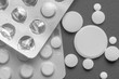 © Andy Shell - Packaging of tablets and pills on the table. Pills addict in the vintage dark tone as Medicine background.