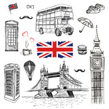 Fototapeta Londyn - Vector hand drawn illustration with London symbols