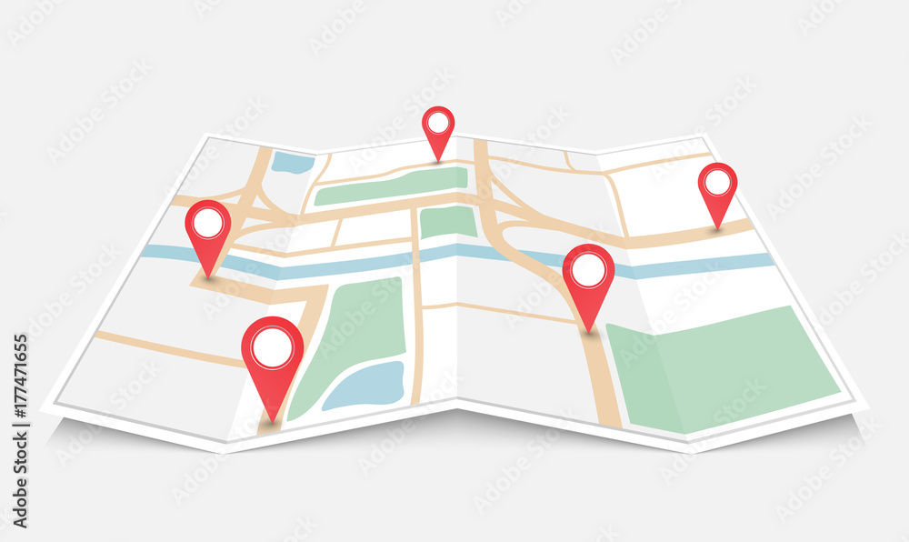 Folded paper city map with red pin pointer, vector illustration - obrazy, fototapety, plakaty 