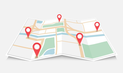 folded paper city map with red pin pointer, vector illustration