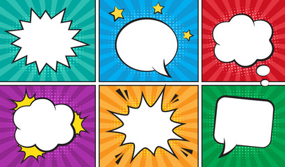Wall Mural - retro comic empty speech bubbles set on colorful background. vector illustration, vintage design, po