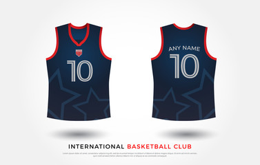 basketball t-shirt design uniform set of  kit. basketball jersey template. navy, blue and red color, front and back view shirt mock up. Vector Illustration