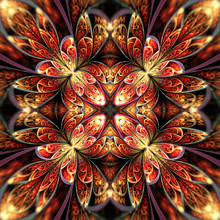 Exotic Flowers. Abstract Symmetrical Floral Design In Bloody Red, Golden And Green Colors. Fantasy Fractal Art. 3D Rendering.
