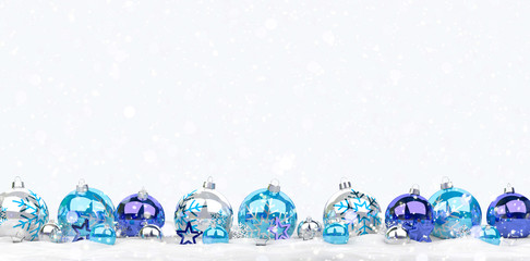 Blue and white christmas baubles lined up 3D rendering