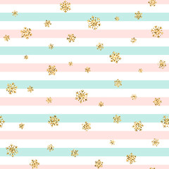 Wall Mural - Christmas gold snowflake seamless pattern. Golden glitter snowflakes on blue pink white line background. Winter snow texture design wallpaper Symbol holiday New Year celebration Vector illustration