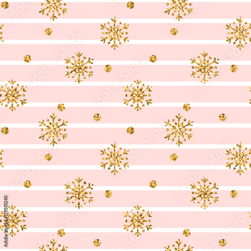 Materiał do szycia Weihnachten gold Schneeflocke Musterdesign. Goldenen Glitzer Schneeflocken auf rosa weiße Linien Hintergrund. Winter Schnee Textur Design Tapete Symbol Urlaub, Neujahrsfeier Vektor-illustration
