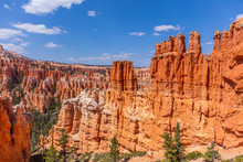 Beautiful Landscape. Green Pine-trees On Rock Slopes. Scenic View Of The Canyon. Bryce Canyon National Park. Utah. USA