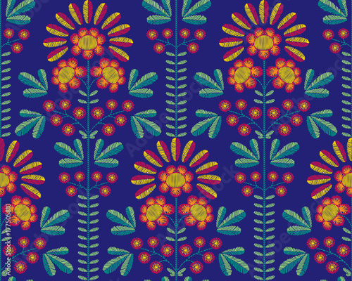 Cotton fabric Vector seamless decorative floral embroidery pattern, ornament for textile decor. Ethnic handmade style background design.
