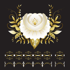 Wall Mural - White and gold ornamental flowers on black background