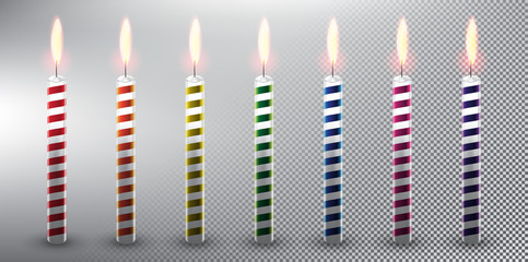 Wall Mural - Set of 7 colorful vector candles. Birthday cake candles. Realistic and isolated with transparent burning flame and shadow on the white background. Vector illustration. Eps10.