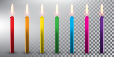 Wall Mural - Set of 7 colorful vector candles. Birthday cake candles. Realistic and isolated with transparent burning flame and shadow on the white background. Vector illustration. Eps10.