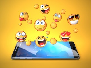 Wall Mural - Emojis around mobile phone, smart phone messaging with emoticons 3d rendering