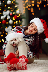 Wall Mural - young girl holding a Christmas present puppy dog.