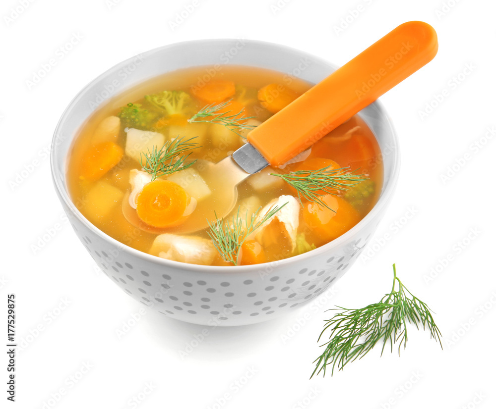 Ceramic bowl with soup for baby on white background