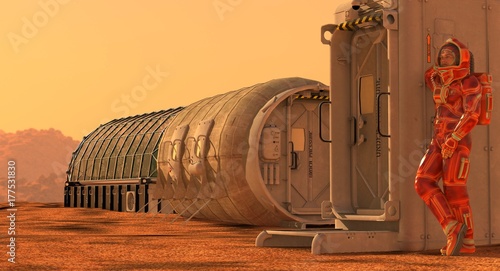 Plakat Kolonia Marsa. Wyprawa na obcą planetę. Życie na Marsie. 3d ilustracja.
