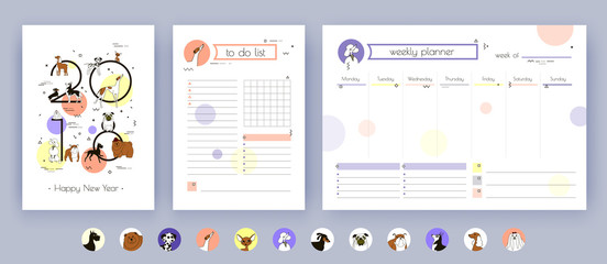  Cover, Organizer and Schedule with Notes and To Do List. The template is decorated with icons and drawings of dog breeds. Chinese calendar. Vector art. Isolated