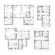 Set of different black and white house floor plans with interior details on white