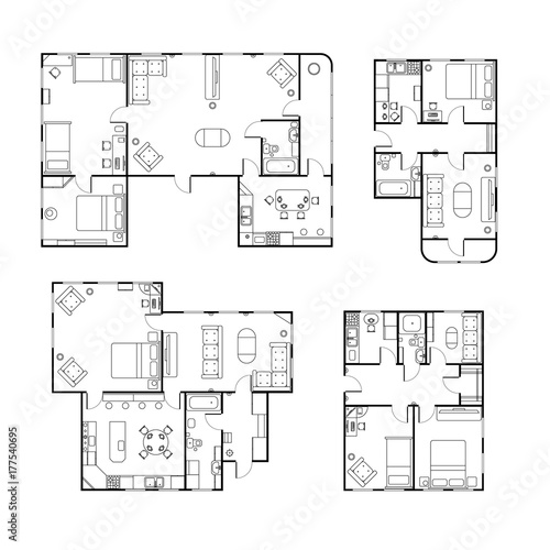 Set Of Different Black And White House Floor Plans With