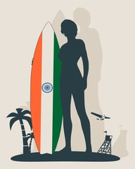 Wall Mural - woman posing with surfboard. human silhouette. vintage surfing graphic and emblem for web design or 