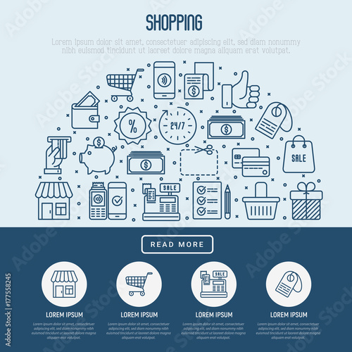 shopping concept with thin line icons in half circle template for