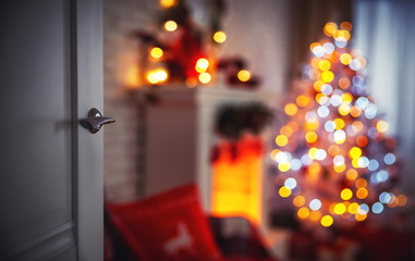 Wall Mural - christmas interior with christmas tree fireplace and door