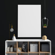 Modern interior with credenza, posters and lamps. poster mock up. 3D illustration