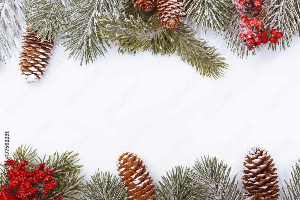 Christmas frame border on white, branches, cones and red berries Stock ...