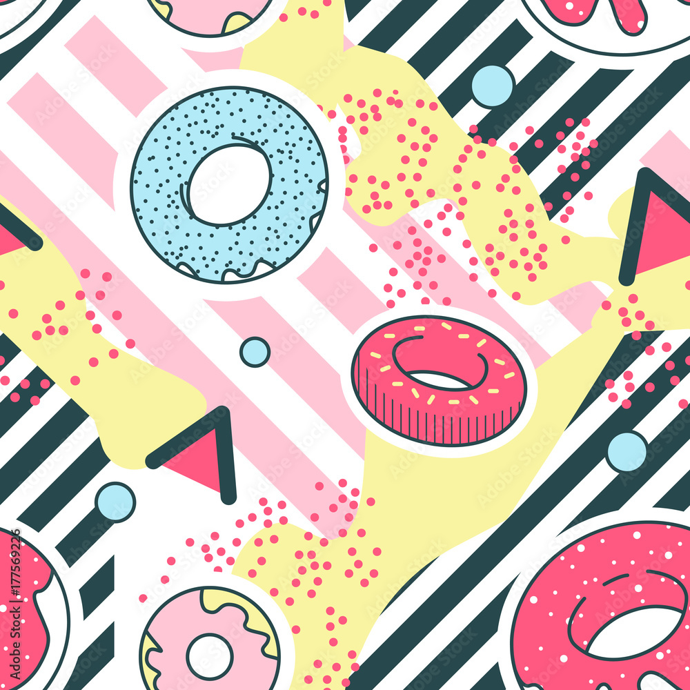 Abstract Background Memphis Style Geometric Shapes Seamless Pattern. Hipster Trendy Fashion Texture. Retro Fabric Poster with Donuts. Vector illustration - obrazy, fototapety, plakaty 