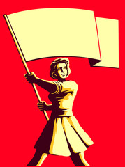 vintage soviet socialist propaganda style patriot woman holding blank flag vector illustration, poli