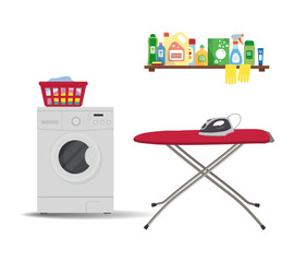 Laundry room. There is a washing machine, red ironing board, iron, a basket with linens in the picture. There is also a shelf with detergents here. Vector illustration.