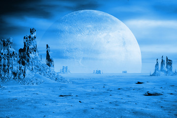 blue alien planet landscape with strange rock formations