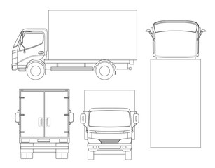 Wall Mural - Cargo Truck transportation on outline. Fast delivery or logistic transport. Easy color change. Template vector isolated on white View front, rear, side, top