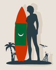 Wall Mural - woman posing with surfboard. human silhouette. vintage surfing graphic and emblem for web design or 
