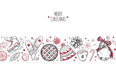 Canvas Print - Merry Christmas festive Background. Design template includes different Vector hand drawn illustrations . Beverages and christmas elements.