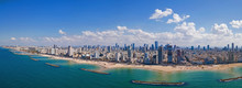 Tel Aviv Skyline Off The Shore Of The Mediterranean Sea - Panoramic Aerial Image
