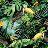 Fototapeta Sypialnia - Seamless watercolor illustration of toucan bird. Ramphastos. Tropical leaves, dense jungle. Strelitzia reginae flower. Hand painted. Pattern with tropic summertime motif. Coconut palm leaves. 