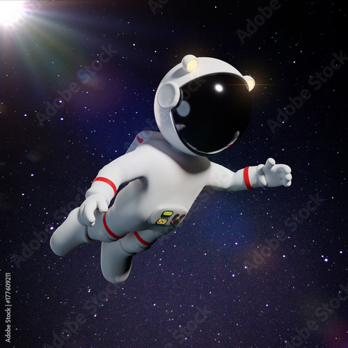 Plakat biały charakter astronauta kreskówka w skafander latający w przestrzeni oświetlone przez jasne słońce