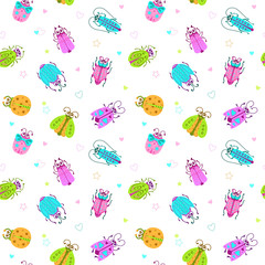 Sticker - Seamless pattern with funny colorful comic bugs