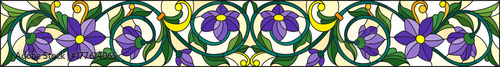 Dekoracja na wymiar  ilustracja-w-stylu-witrazu-z-abstrakcyjnymi-zawijasami-fioletowymi-kwiatami-i-liscmi-na-zolto