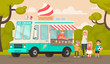 Children and an ice cream truck in the park. Vector illustration in a flat style