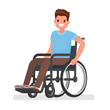 Man is sitting in a wheelchair on a white background. Vector illustration
